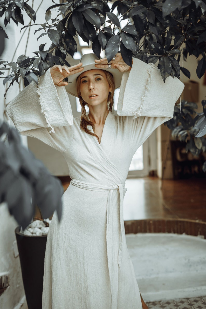 Boho Wrap Dress/Maxi Sleeve Wrap Dress/Long Kimono Dress/Organic Cotton Dress/Offwhite image 1