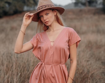 Pink Boho Kaftan/Oversized Bohemian Dress/Dusty Pink Belted Dress/Open back Free Dress