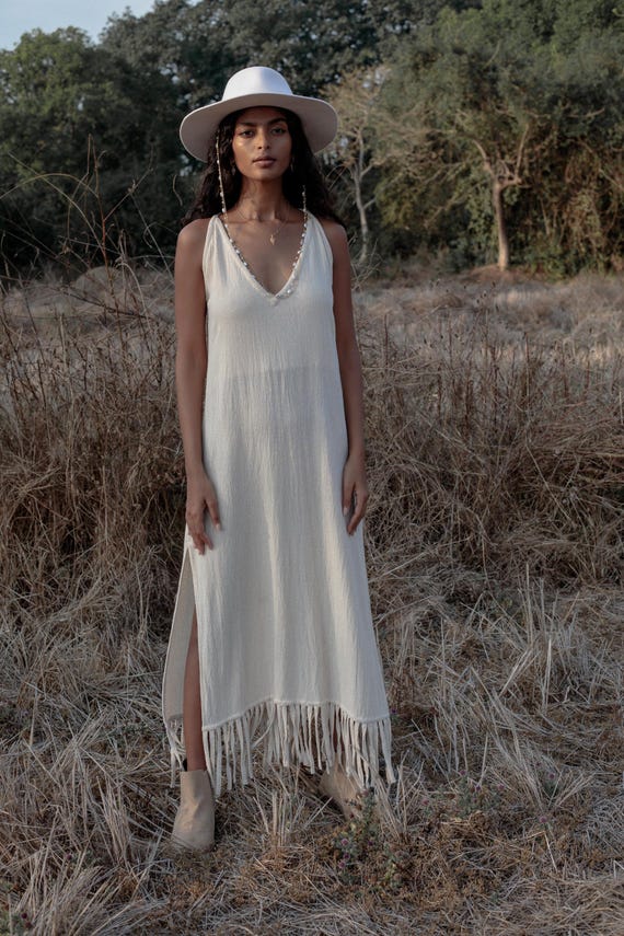 bohemian fringe dress Bohemian Dress Fringe V-Neck Long Sleeves Hollow Long Flowy Dresses