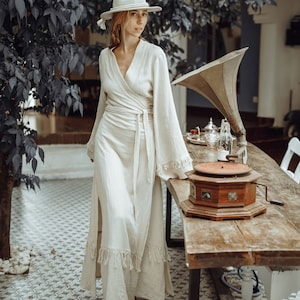 Boho Wrap Dress/Maxi Sleeve Wrap Dress/Long Kimono Dress/Organic Cotton Dress/Offwhite image 2