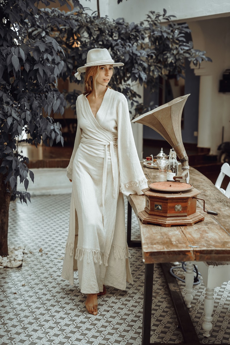 Boho Wrap Dress/Maxi Sleeve Wrap Dress/Long Kimono Dress/Organic Cotton Dress/Offwhite image 2