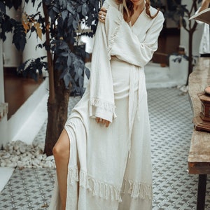 Boho Wrap Dress/Maxi Sleeve Wrap Dress/Long Kimono Dress/Organic Cotton Dress/Offwhite image 3