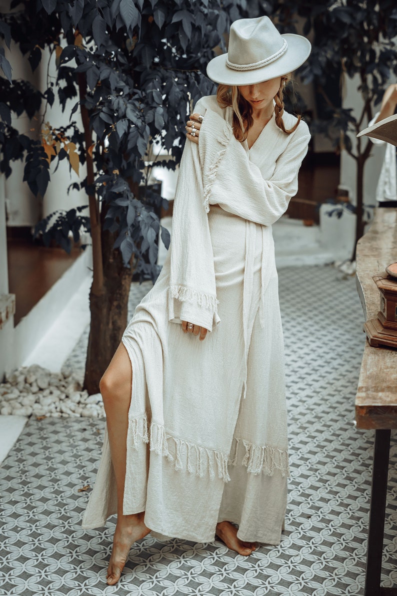 Boho Wrap Dress/Maxi Sleeve Wrap Dress/Long Kimono Dress/Organic Cotton Dress/Offwhite image 3