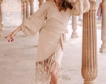 Fringe Boho Skirt/festival Skirt/beige Wrap Skirt/bohemian