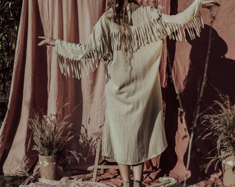 Fringe Shirt Dress/Boho Button Dress/Shamanic Beige Dress/Bohemian Natural Dress/Festival Dress