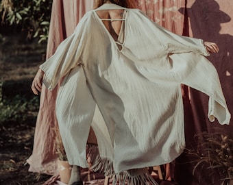 Open Back Boho Kimono/Raw cotton Cape/Cotton Summer Robe/Belted Kimono Jacket/Natural Fabrics/Off White