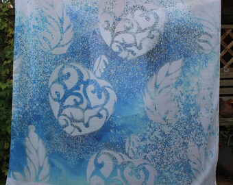 Blue Scarf Watercolour Chiffon Star. One of a Kind. Silver feather. Silver calligraphy heart