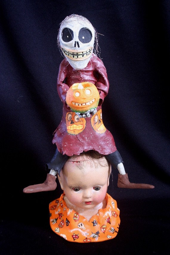 Paper Mache Scary Skeleton on Creepy Doll Head Container Etsy