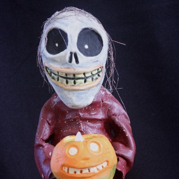 Paper Mache Scary Skeleton on Creepy Doll Head Container Etsy