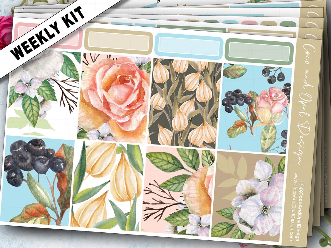 VINTAGE FLOWERS ECLP Weekly Stickers Kit for Erin Condren 2018 Vertical ...