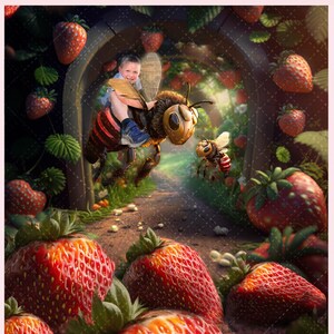 Strawberry Adventure, composite photo, composite photography, Bee Backdrop, Strawberry Backdrop, Photoshop, Overlay, Background, Backdrop,