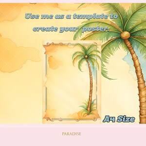 Póster, A4, Recursos para profesores, Playa, Palmera, Acuarela, Arte, MEANT2B, descarga digital, obra de arte digital, imagen digital,