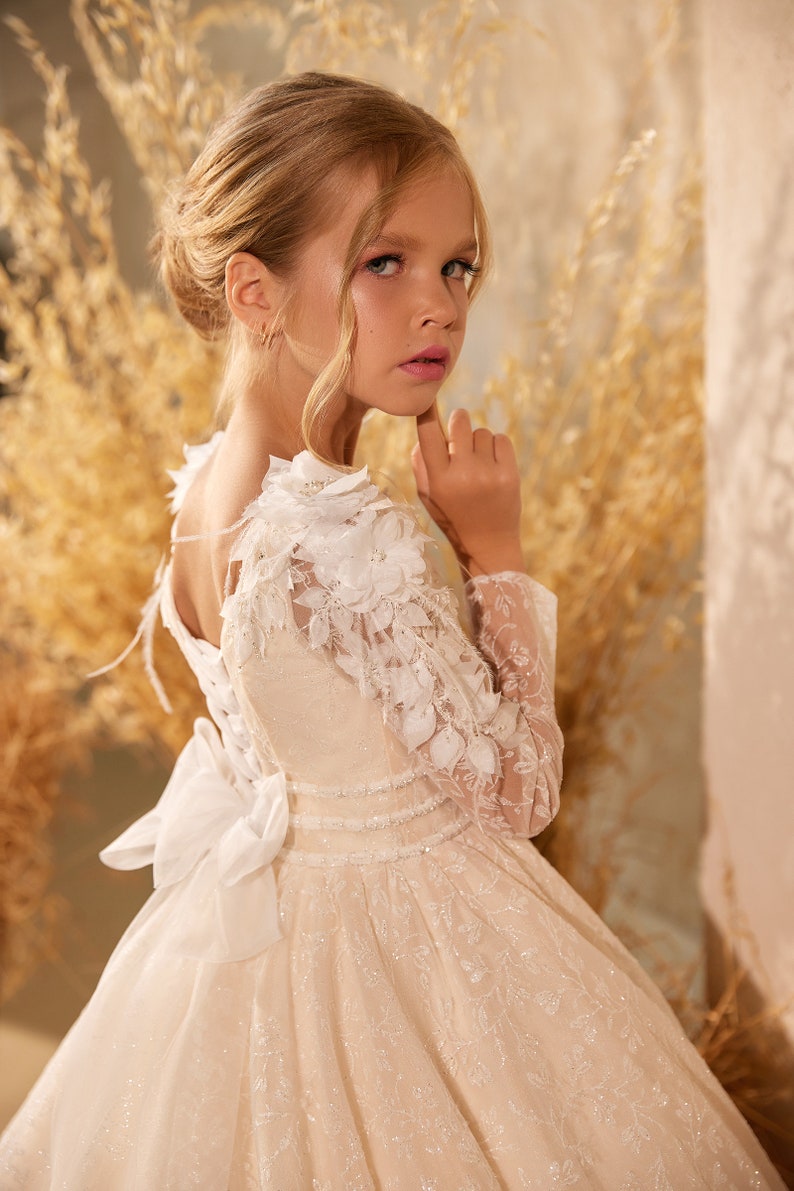 Ball gown girl dress 3606, Ivory girl dress,3 D lace girl dress image 4