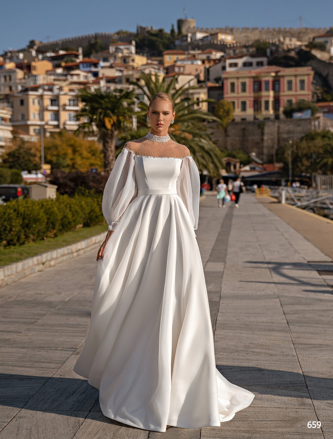 A Line Long Sleeves Shiny Long Bridal Gown Wedding Dress