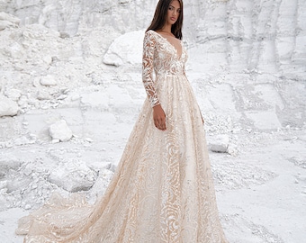 A-line wedding dress MS-041, Cathedral wedding dress, Ivory wedding dress, Lace wedding dress, Long sleeve wedding dress