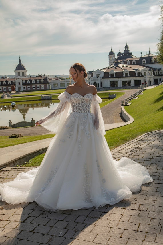 Ball Gown Wedding Dress 594, Removable Sleeves Wedding Dress, Bridal Gown,  Cathedral Wedding Dress 