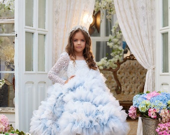 Ball gown girl dress 3641, Long sleeves girl dress,Ruffled skirt girl dress