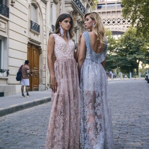 Evening dress with a transparent skirt Aanya,Bridesmaid gown,Evening gown,Gray evening dress,Violet evening dress,Open back dress image 1