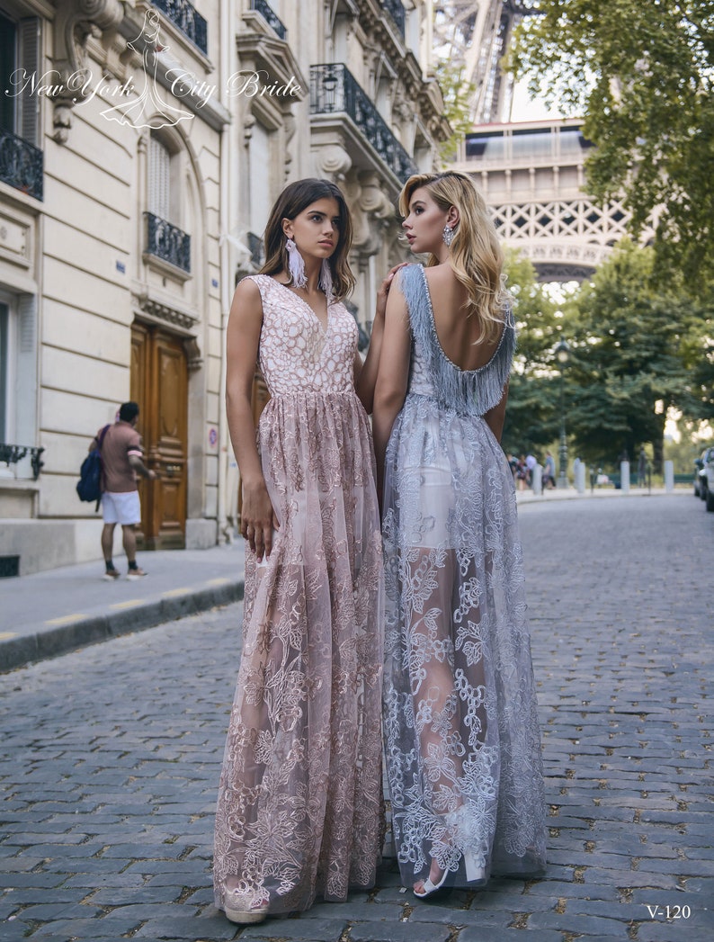 Evening dress with a transparent skirt Aanya,Bridesmaid gown,Evening gown,Gray evening dress,Violet evening dress,Open back dress image 1