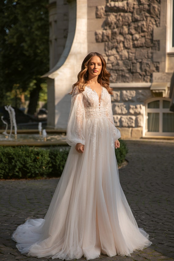 Princess Cap Sleeve Ivory Satin Chapel Train Bridal Dress - Lunss