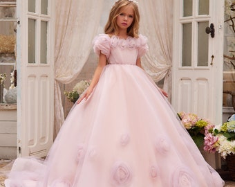 Ball gown girl dress 3601, Blush girl dress,3 D lace girl dress