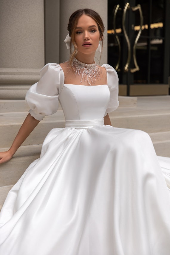 Off the Shoulder Satin Ball Gown Wedding Dress | David's Bridal