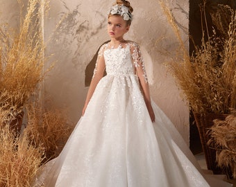 Ball gown girl dress 3623, Ivory girl dress,3 D lace girl dress