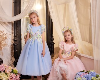 Ball gown girl dress 3636, Short sleeves girl dress, 3 D Lace girl dress