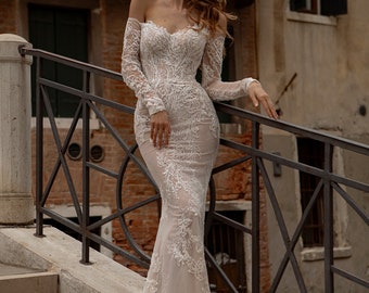 Mermaid wedding dress Roberta, Cathedral wedding dress, Ivory wedding dress, Long sleeves wedding dress, Cappuccino wedding dress