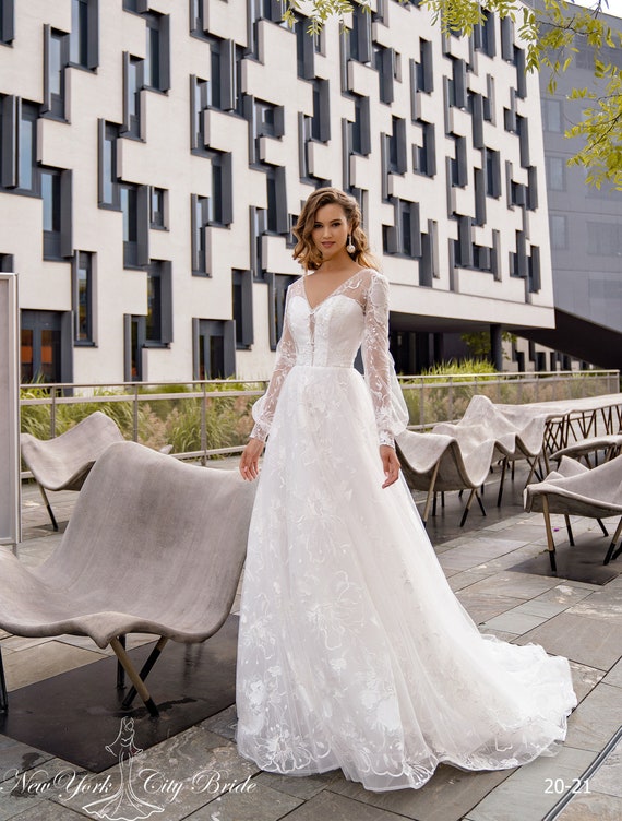 A-line Wedding Dress Ellis Long Sleeve Wedding Dress V-neck | Etsy