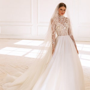 A-line wedding dress BS-018, high neck wedding dress, 3D Lace wedding dress, long sleeves wedding dress, conservative wedding dress