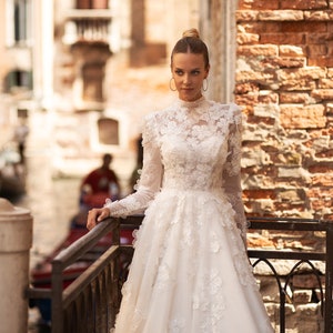 A-line wedding dress 5411,Cathedral wedding dress,3D lace wedding dress,Long sleeves wedding dress, High neck wedding dress image 2