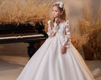 Ball gown girl dress 3619, Ivory girl dress,3 D lace girl dress