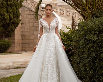 Sheath wedding dress Isabella, Size 6 in stock, Wedding dress with overskirt, Lace wedding dress, Long sleeves wedding dress