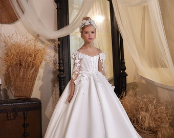 Ball gown girl dress 3629, Ivory girl dress, 3 D Lace girl dress