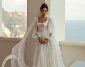 A-line wedding dress Elsa, Long sleeves wedding dress,  Ivory wedding dress, Transformer wedding dress, Bridal gown
