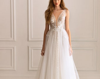 A-line wedding dress BS-053, Lace wedding dress with glitter ,  sleeveless wedding dress, deep v wedding dress,  floral 3D lace dress