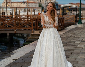 Ball Gown wedding dress Terry, Cathedral wedding dress, Ivory wedding dress, Long sleeves wedding dress, V-neck wedding dress