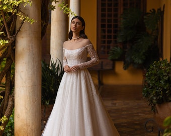 A-line wedding dress Bergamot, Cathedral wedding dress, Long sleeves wedding dress, Ivory wedding dress, Sparkle Bridal gown