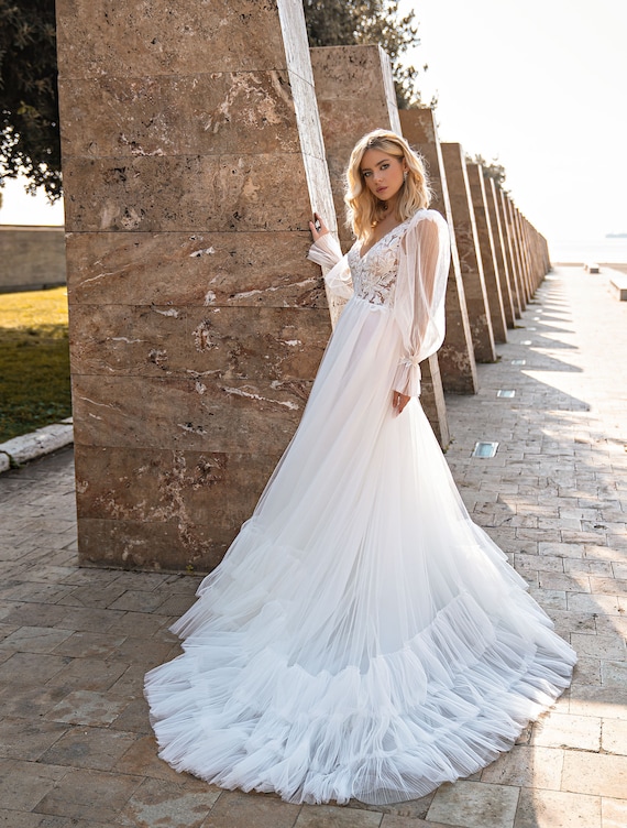 A-line Wedding Dress 168, Long Sleeves Wedding Dress, Ivory