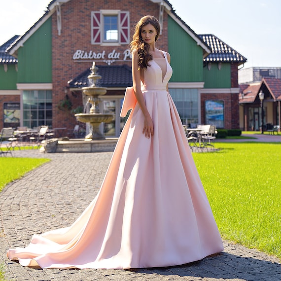 Satin Wedding Dress RENATA Bridal Gown With Removable Bow Blush