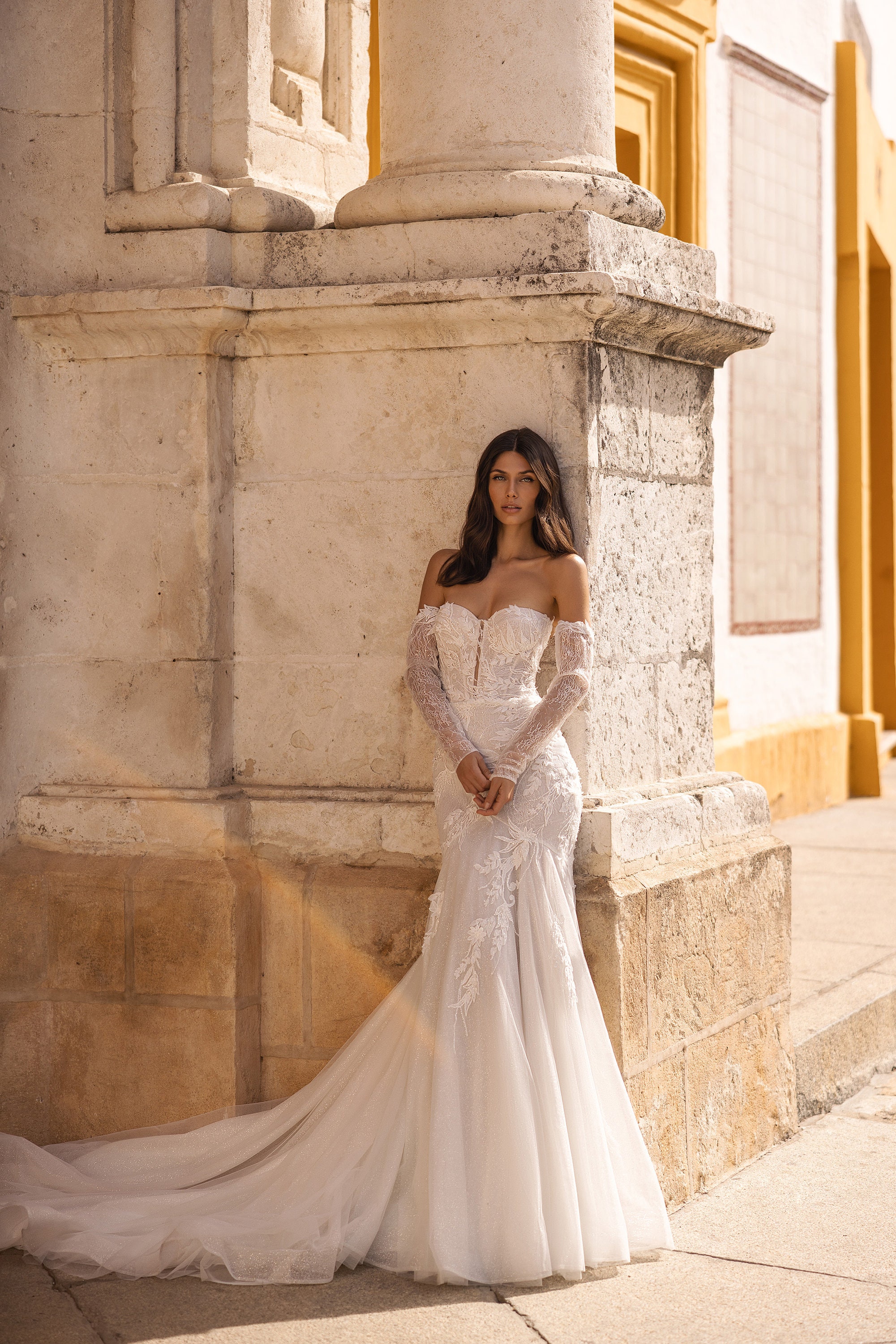 NewYorkCityBride Mermaid Wedding Dress 5513, Transformer Wedding Dress, Detachable Sleeves Wedding Dress, 3D Lace Wedding Dress, Cathedral Wedding Dress