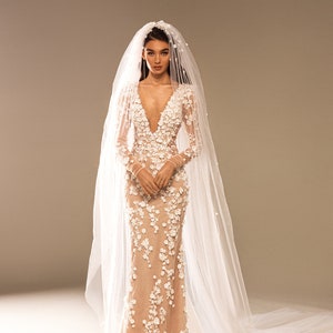 Sheath wedding dress Mariana, Cathedral wedding dress, open back wedding dress,floral 3D Lace wedding dress, v necklace wedding dress