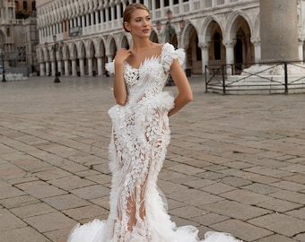Mermaid wedding dress Vitalina, Cathedral wedding dress, Ivory wedding dress, Short sleeves wedding dress, Tulle wedding dress