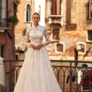 A-line wedding dress 5411,Cathedral wedding dress,3D lace wedding dress,Long sleeves wedding dress, High neck wedding dress image 1