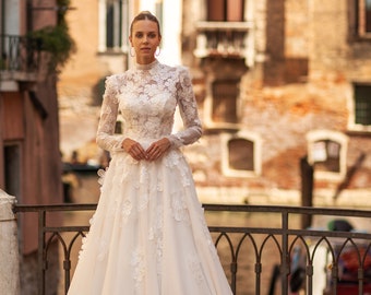 A-line wedding dress 5411,Cathedral wedding dress,3D lace wedding dress,Long sleeves wedding dress, High neck wedding dress