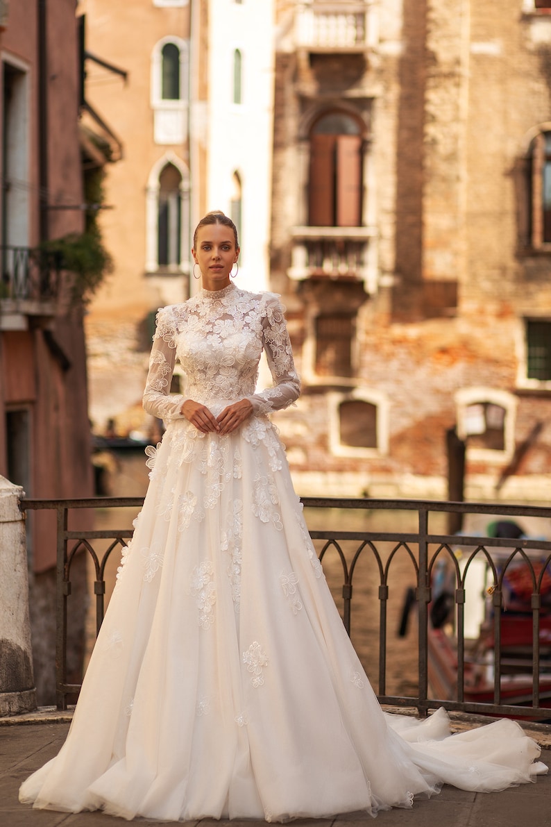 A-line wedding dress 5411,Cathedral wedding dress,3D lace wedding dress,Long sleeves wedding dress, High neck wedding dress image 1