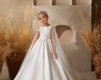 Ball gown girl dress 3637, Ivory girl dress,3 D lace girl dress