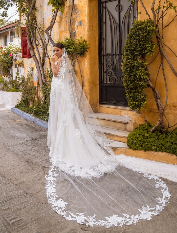 CanB Velo de novia velo de catedral de novia velo de encaje de flores velo  blanco de 1 nivel con peine para novias