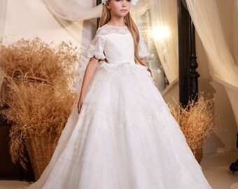 Ball gown girl dress 3644, Ivory girl dress, Short sleeves girl dress